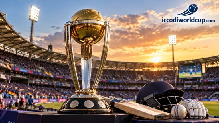 ICC Cricket World Cup trophy with cricket bat, helmet and ball in a packed stadium